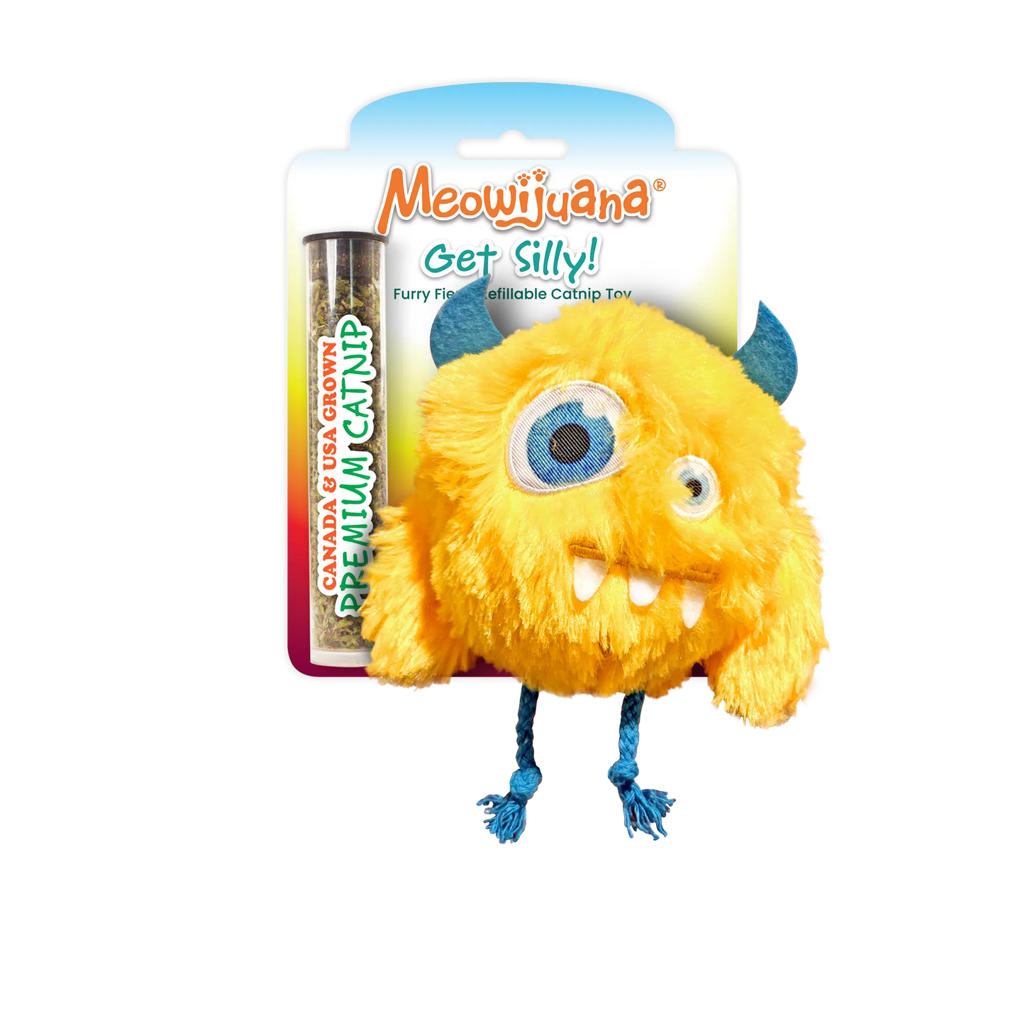 Meowijuana Get Silly yellow furry fiend catnip toy with refillable catnip tube and interactive features.