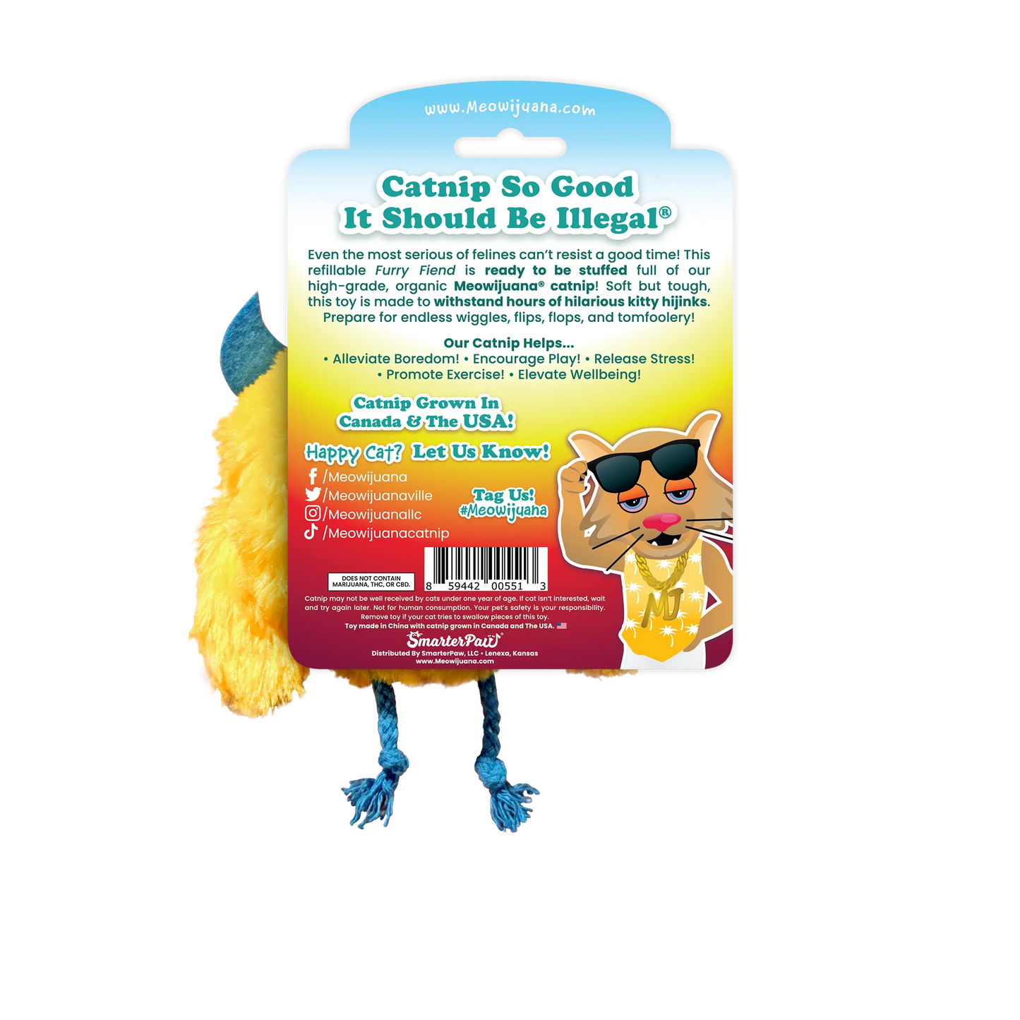 Back of packaging for furry fiend toy with catnip benefits, social media info, and “Catnip So Good It Should Be Illegal” slogan.