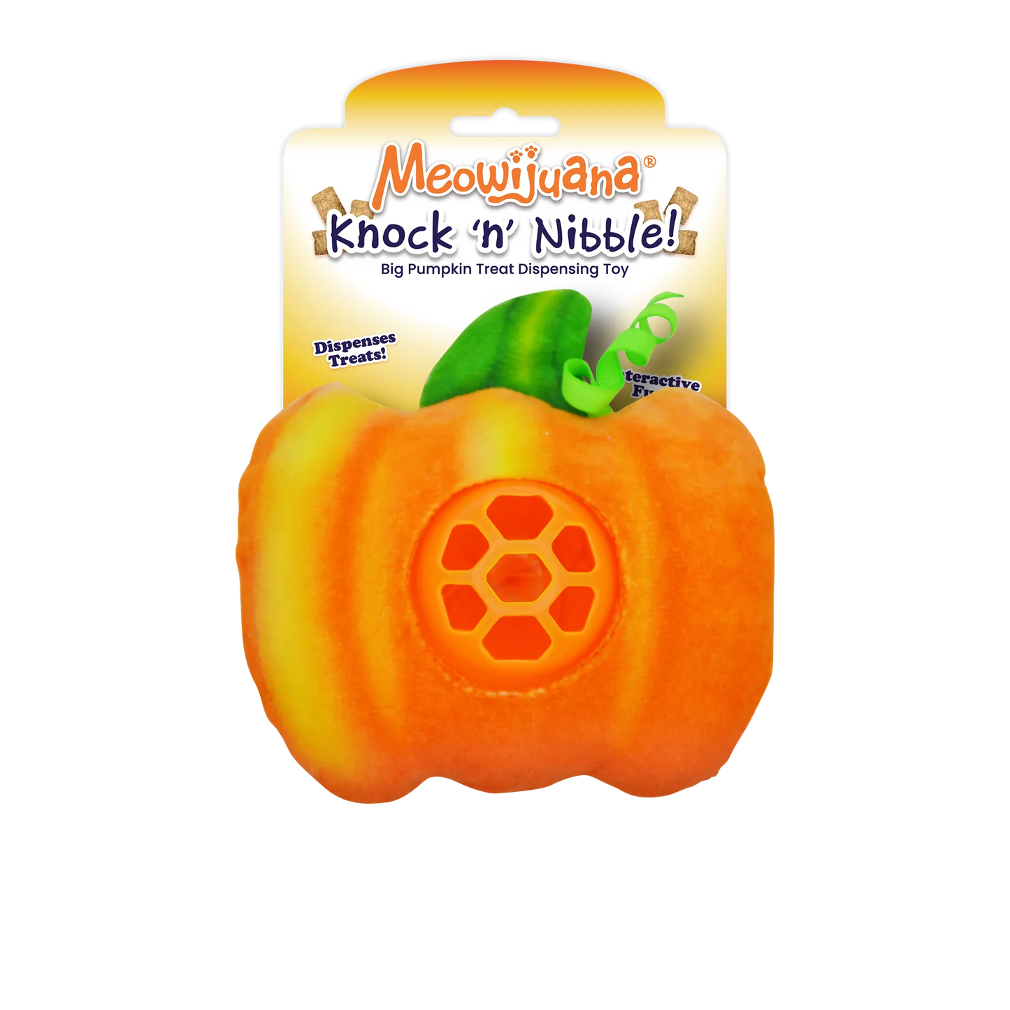 Pumpkin-shaped treat dispensing toy with a refillable treat ball, featuring Meowijuana premium catnip.