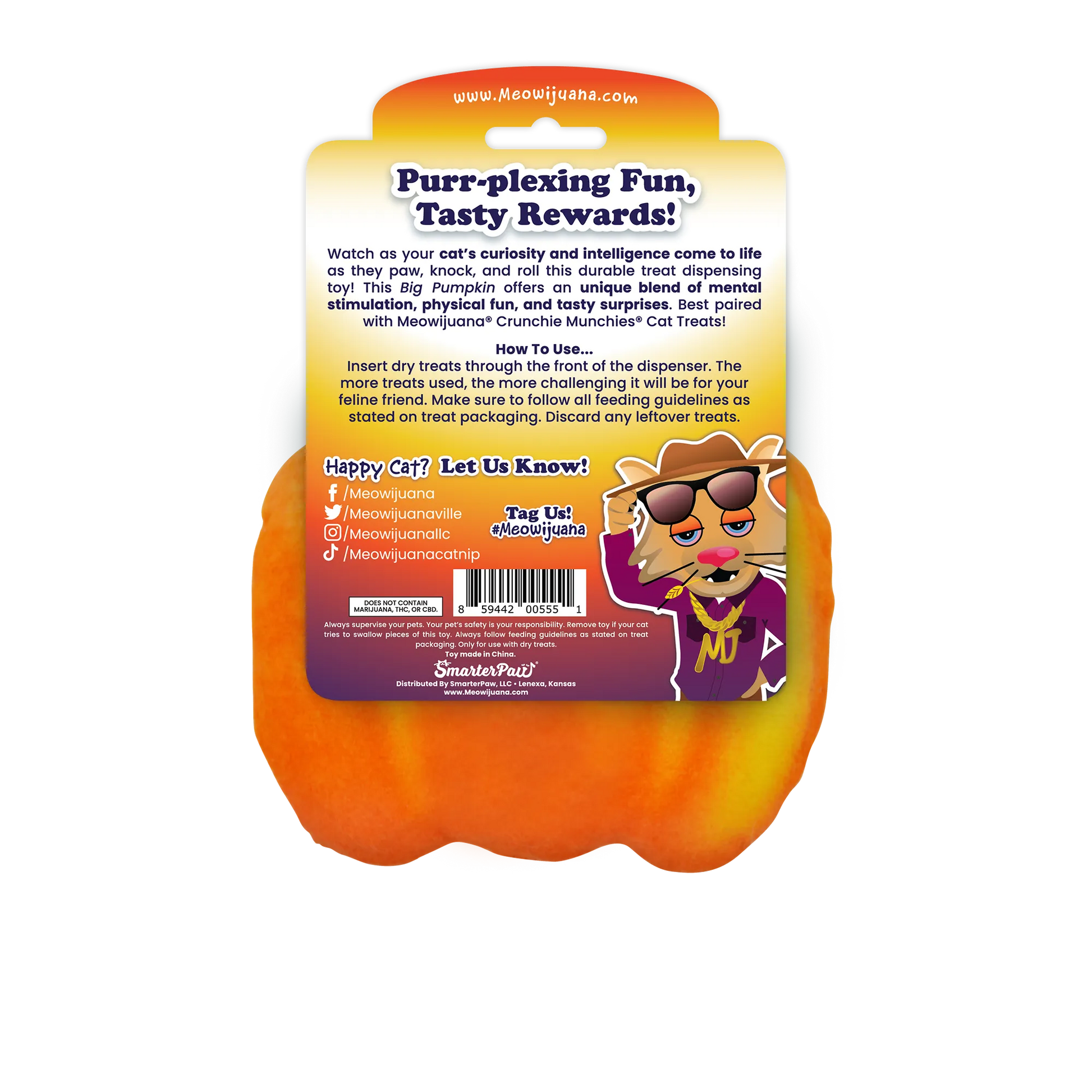 Back of the pumpkin treat dispensing toy packaging, explaining its use and benefits for cats.