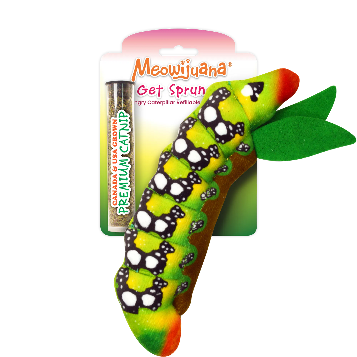 A colorful green and orange caterpillar toy with a tube of catnip, labeled "Meowijuana Get Sprung!"