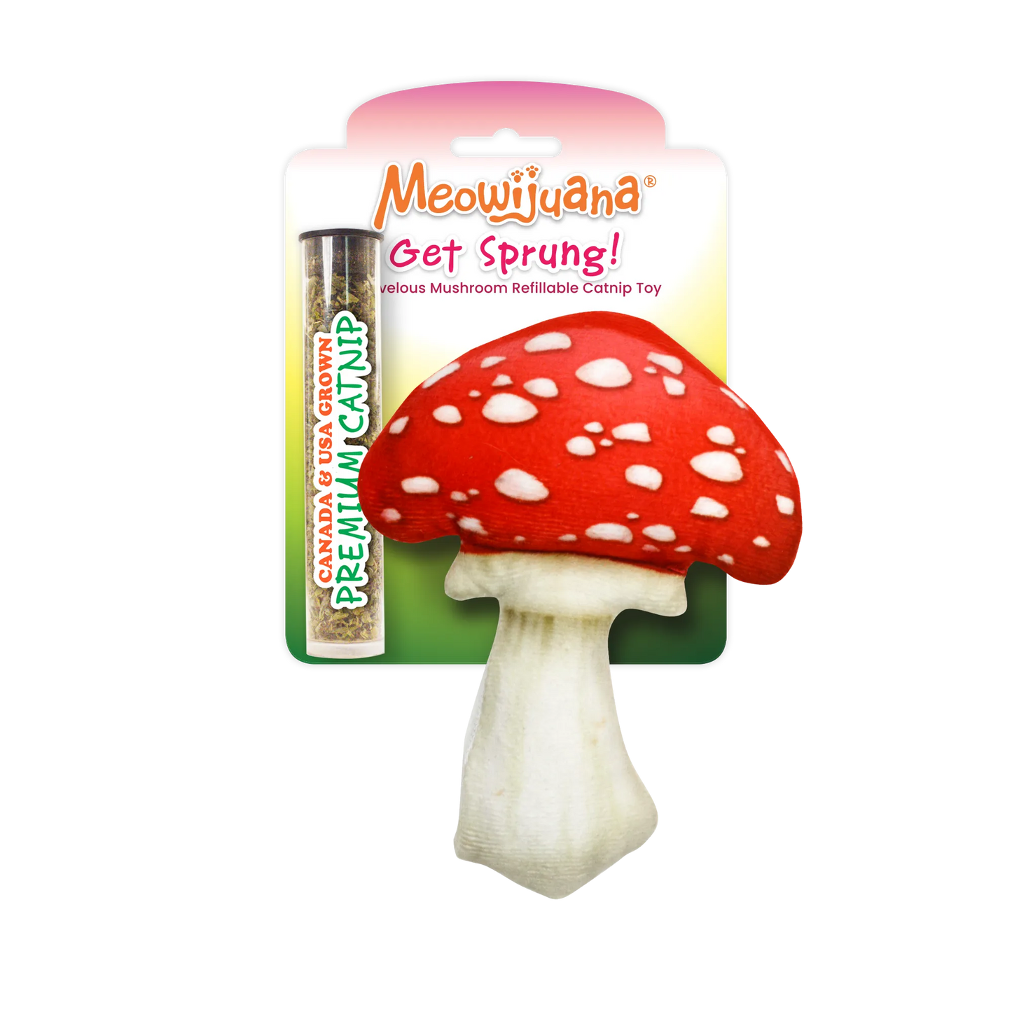 Red and white-spotted mushroom cat toy packaged with premium catnip and labeled 'Get Sprung' by Meowijuana.