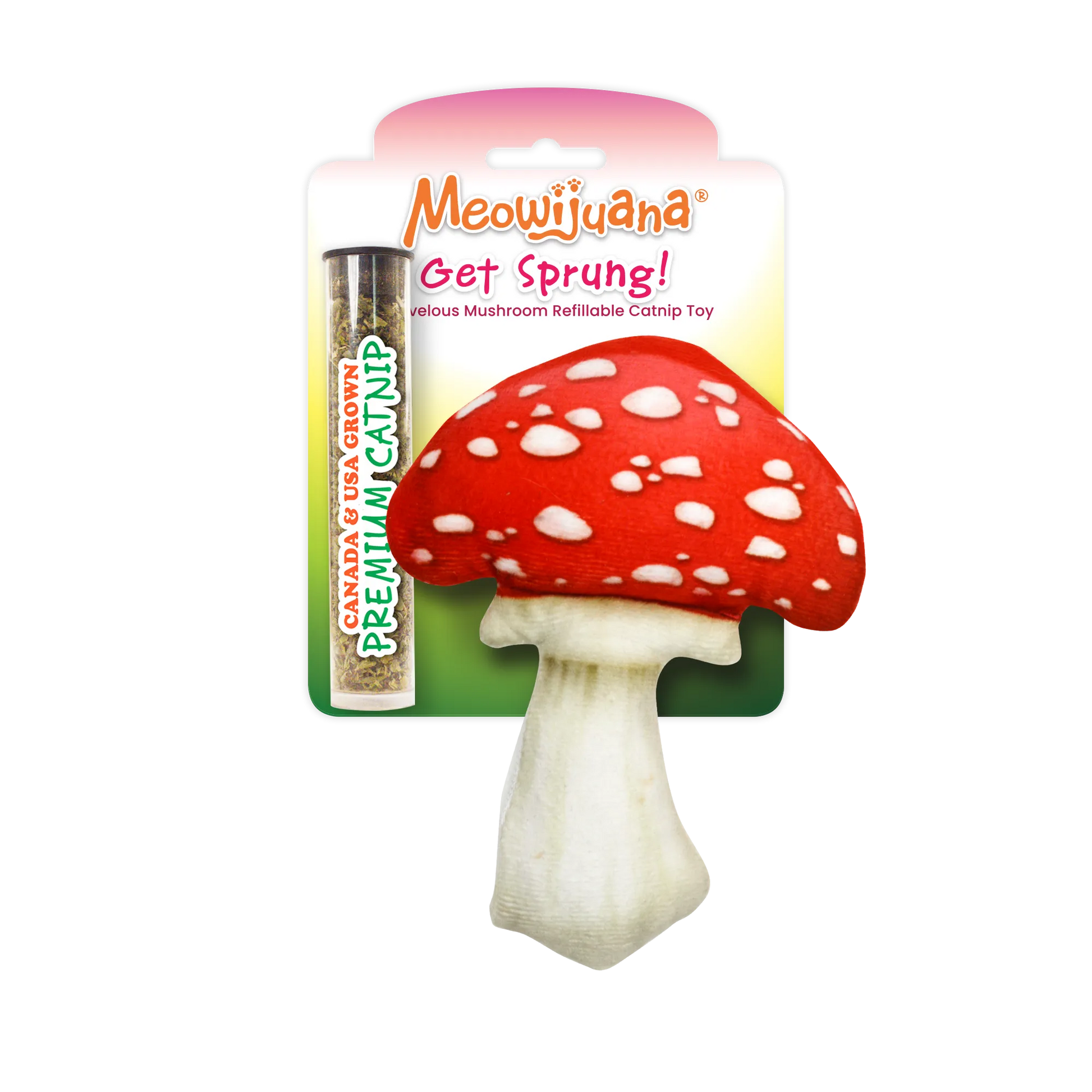 Red and white-spotted mushroom cat toy packaged with premium catnip and labeled 'Get Sprung' by Meowijuana.