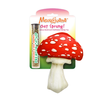 Red and white-spotted mushroom cat toy packaged with premium catnip and labeled 'Get Sprung' by Meowijuana.