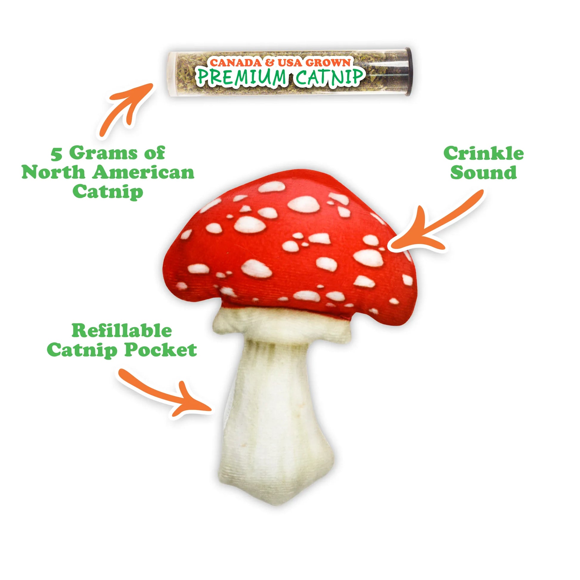 Close-up of the red mushroom cat toy with crinkle sound and refillable catnip pocket details highlighted.