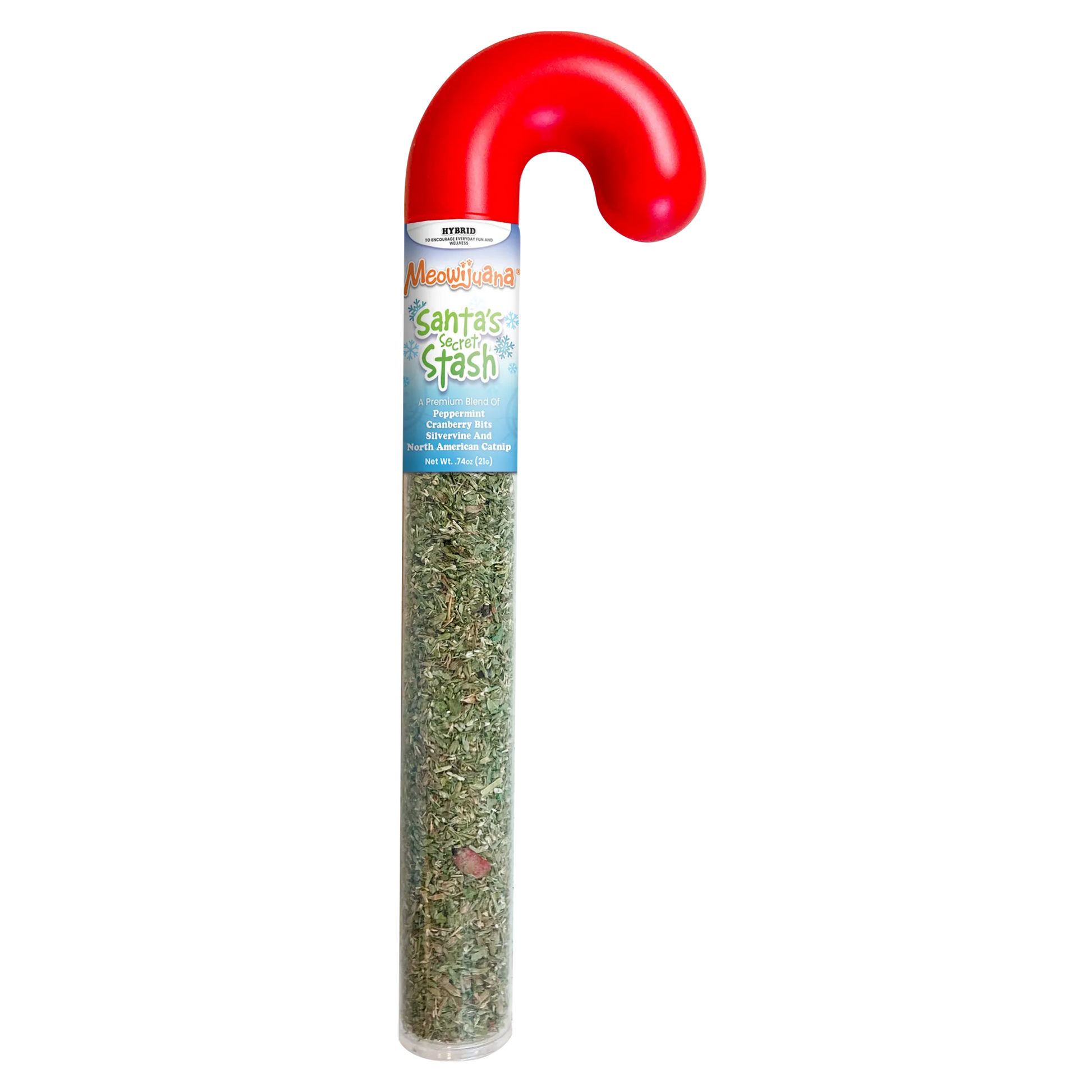 Meowijuana Santa's Stash catnip blend in a candy cane-shaped container, featuring peppermint and cranberry bits.