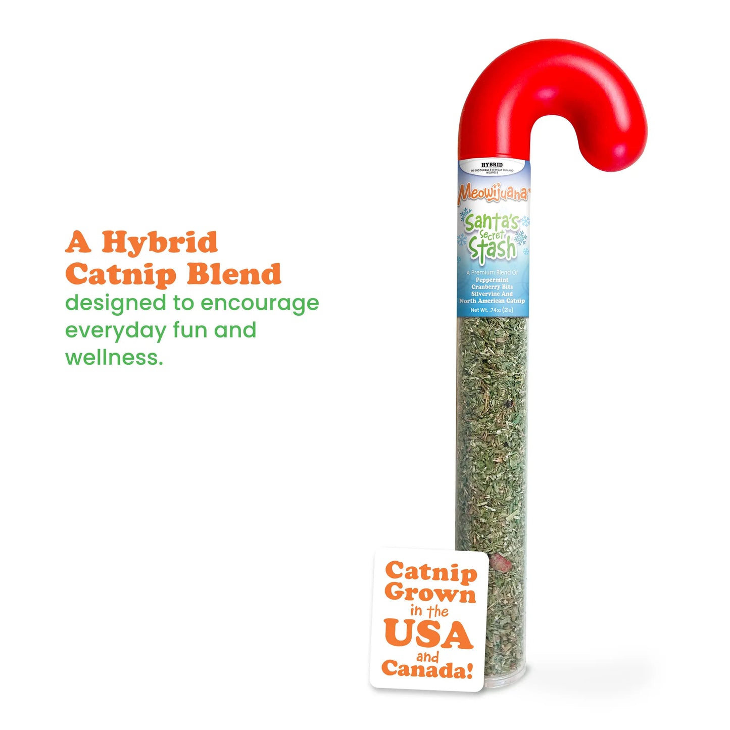 Santa's Stash catnip blend in a candy cane container, labeled for fun and wellness with USA and Canada grown catnip.