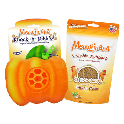 Pumpkin treat-dispensing toy for cats with a pack of Meowijuana chicken-flavored cat treats.